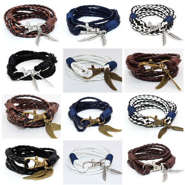 new lobster clasp feather pendant bracelet with multi-layer woven leather rope gsfb120 mix order 20 pieces a lot charm bracelets, Golden;silver
new lobster clasp feather pendant bracelet with multi-layer woven leather rope gsfb120 mix order 20 pieces a lot charm bracelets, Golden;silver