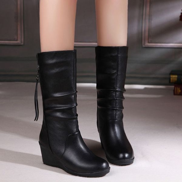 winter wedge mid calf women black fashion mother leather boots round toe ladies shoes y200115
winter wedge mid calf women black fashion mother leather boots round toe ladies shoes y200115