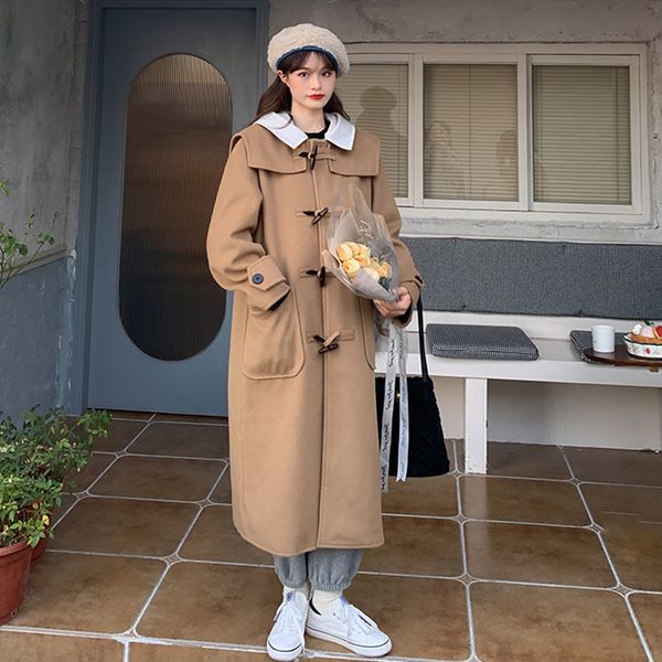 2021 autumn and winter horn buckle coat women's long below the knee woolen overcoat, Black
2021 autumn and winter horn buckle coat women's long below the knee woolen overcoat, Black