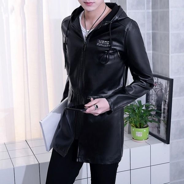 men medium long leather hooded coat fashion black pu leather windbreaker autumn winter slim zipper biker jacket trench coat male
men medium long leather hooded coat fashion black pu leather windbreaker autumn winter slim zipper biker jacket trench coat male