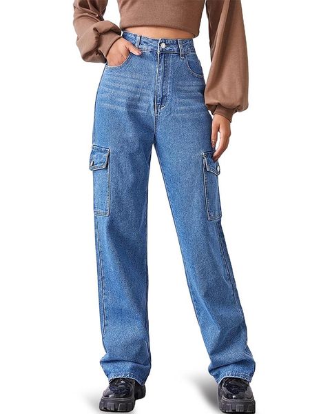 mumubreal women's high waist flap pocket side baggy jeans relaxed fit casual straight stretch wide leg cargo jean, Blue
mumubreal women's high waist flap pocket side baggy jeans relaxed fit casual straight stretch wide leg cargo jean, Blue