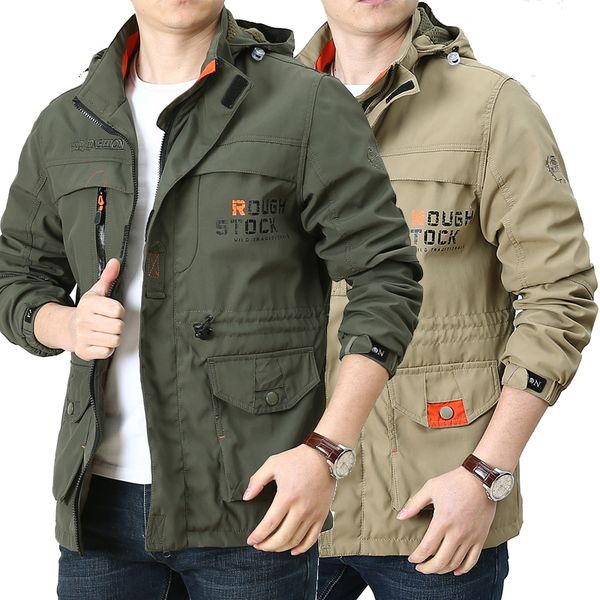 2021 new jacket men autumn multi-pocket tactical jackets man outwear breathable hooded windbreaker coats 4xl clothes emtr, Black;brown