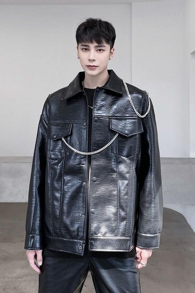 men's fur & faux male vintage fashion streetwear hip hop punk casual leather coat overcoat men metal chain crocodile pattern pu jacket, Black
men's fur & faux male vintage fashion streetwear hip hop punk casual leather coat overcoat men metal chain crocodile pattern pu jacket, Black