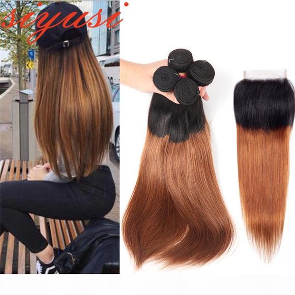 ombre brazilian hair weave bundles with closure 1b 27 ombre honey blonde brazillian straight human hair 3 4 bundles with closure, Black;brown