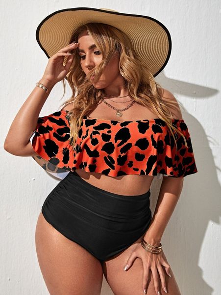 plus leopard ruffle hem ruched high waisted bikini swimsuit 20rd#, Black 
plus leopard ruffle hem ruched high waisted bikini swimsuit 20rd#, Black