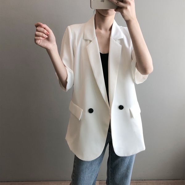 2021 new women casual turn down collar white jacket half sleeve summer office women's blazer outwear wxki, White;black
2021 new women casual turn down collar white jacket half sleeve summer office women's blazer outwear wxki, White;black