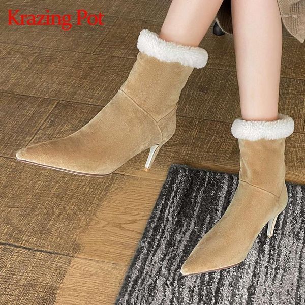 boots krazing pot arrival snow winter warm lambswool cow suede pointed toe thin high heel pretty girls mid-calf l321, Black
boots krazing pot arrival snow winter warm lambswool cow suede pointed toe thin high heel pretty girls mid-calf l321, Black