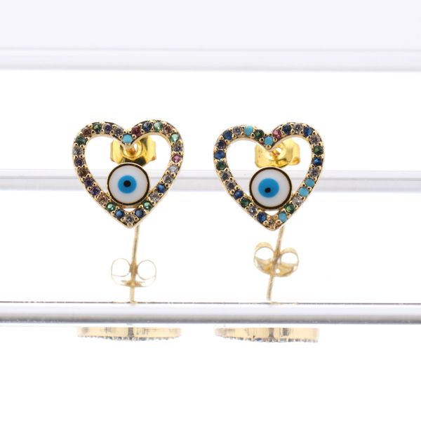 

young ladies gift gold plated brass huggie earrings micro pave multi color zircon heart evil eye post stud earring, Golden;silver