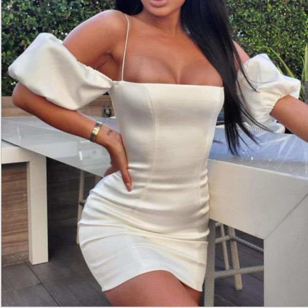 party dresses summer spaghetti strap elegant solid mini dress women off shoulder wrap femme backless lantern sleeve, White;black
party dresses summer spaghetti strap elegant solid mini dress women off shoulder wrap femme backless lantern sleeve, White;black