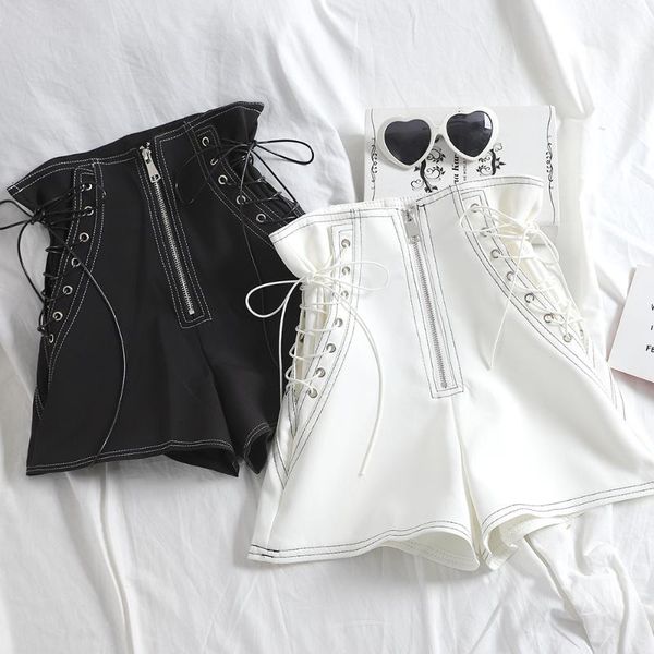 high waisted shorts women's spring and autumn new style thin and fashionable lace up shorts, White;black
high waisted shorts women's spring and autumn new style thin and fashionable lace up shorts, White;black