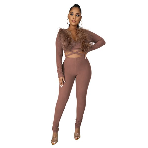 women feather bandage clothing suit v neck hollow out crop slim trousers ladies two piece sets, White
women feather bandage clothing suit v neck hollow out crop slim trousers ladies two piece sets, White
