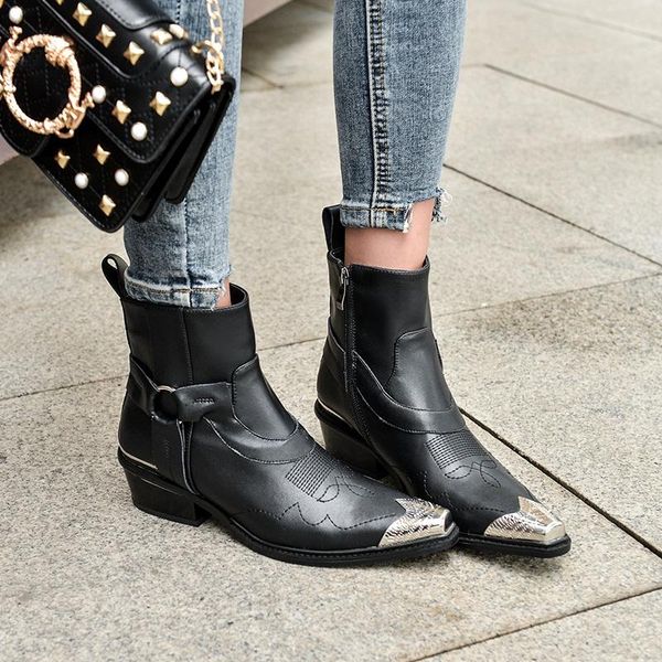 boots brand design cowgirl women metal studded pointed toe punk riding genuine leather ankle for botas mujer, Black
boots brand design cowgirl women metal studded pointed toe punk riding genuine leather ankle for botas mujer, Black