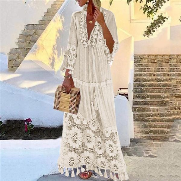 women dress fashion autumn casual bohemian large size v neck solid color lace tassel female maxi long dresses m835, Black;gray
women dress fashion autumn casual bohemian large size v neck solid color lace tassel female maxi long dresses m835, Black;gray