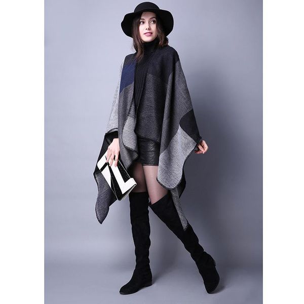 Autumn/winter scarf Versatile check lady travel cape in imitation of cashmere national wind split thick cape, Blue;gray
Autumn/winter scarf Versatile check lady travel cape in imitation of cashmere national wind split thick cape, Blue;gray