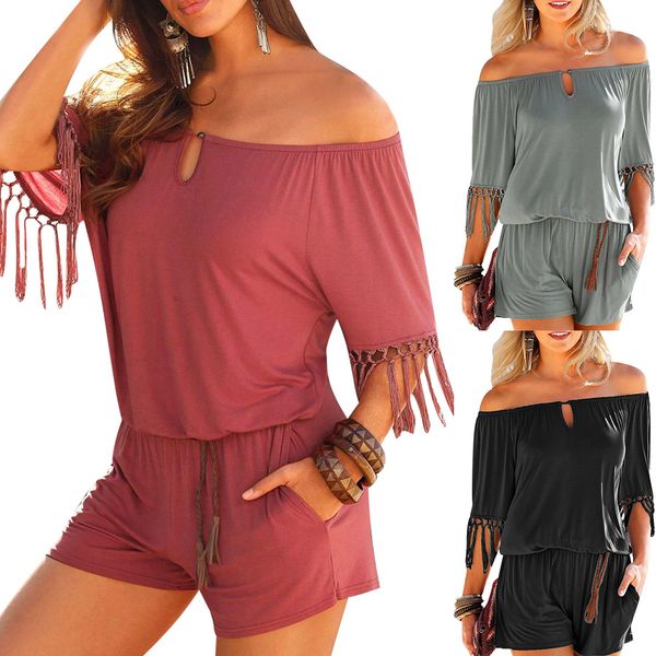 2020 tassel women solid loose palysuits summer 3/4 sleeve ladies high street off shoulder overalls jumpsuits shorts home wear t200704, Black;white
2020 tassel women solid loose palysuits summer 3/4 sleeve ladies high street off shoulder overalls jumpsuits shorts home wear t200704, Black;white