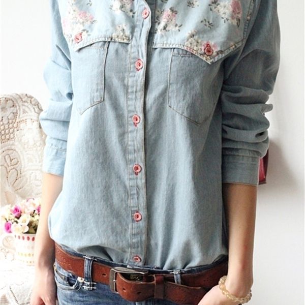 women autumn fashion slim long sleeve water wash floral print denim shirt female trendy plus size jean cotton casual blouse 220311, White
women autumn fashion slim long sleeve water wash floral print denim shirt female trendy plus size jean cotton casual blouse 220311, White
