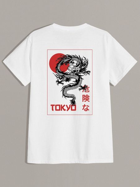 romwe guys chinese dragon graphic print back tee w5ce#, White;black