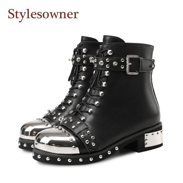fashion punk genuine leather black boots women rivets belt buckle shoes thick mid heels ankle metal round toe motorcycle boots
fashion punk genuine leather black boots women rivets belt buckle shoes thick mid heels ankle metal round toe motorcycle boots