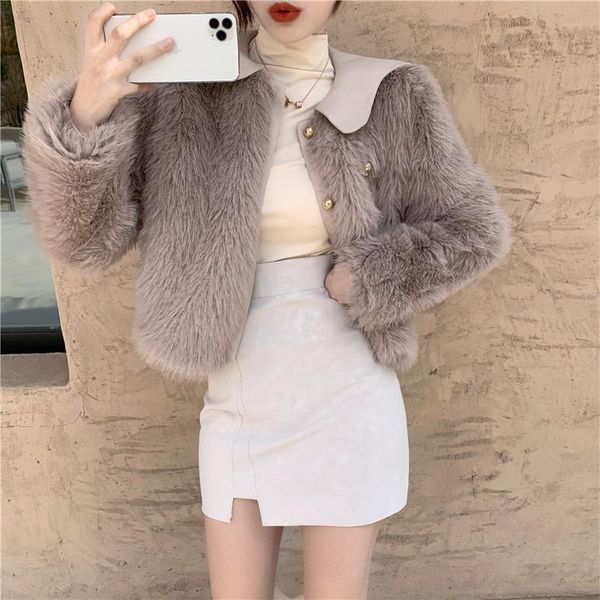 women's fur & faux autumn winter clothing fashion furry jacket korean loose long-sleeved elegant petal collar fluffy coat, Black
women's fur & faux autumn winter clothing fashion furry jacket korean loose long-sleeved elegant petal collar fluffy coat, Black