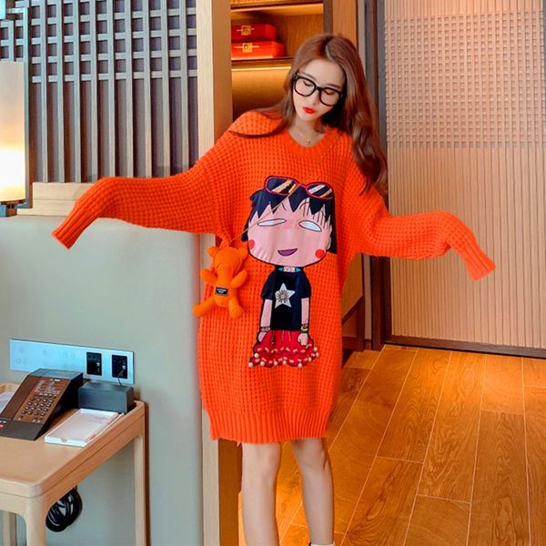 european station knitted shirt 2020 autumn/winter loose pretty women's nightgown mid-length of upper printed cartoons, White;black
european station knitted shirt 2020 autumn/winter loose pretty women's nightgown mid-length of upper printed cartoons, White;black