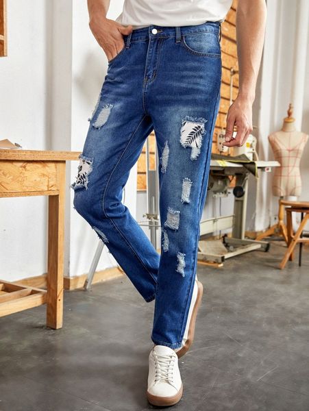 men leaf print ripped washed jeans 05uy#, Blue