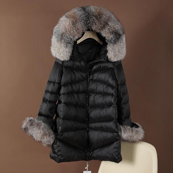 down jacket women winter style white duck down silver hair hooded mid length coat large diagonal pocket with zipper closure, Black
down jacket women winter style white duck down silver hair hooded mid length coat large diagonal pocket with zipper closure, Black