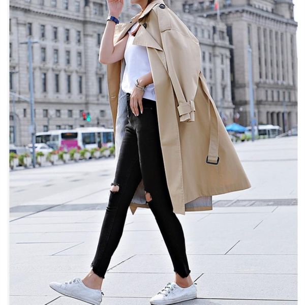 women's trench coats khaki windbreaker female autumn fashion wild solid color long slim double-breasted belt, Tan;black
women's trench coats khaki windbreaker female autumn fashion wild solid color long slim double-breasted belt, Tan;black