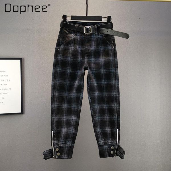 women's jeans 2021 spring cotton elastic plaid high waist loose slim plus velvet ankle-length harem pants trousers, Blue
women's jeans 2021 spring cotton elastic plaid high waist loose slim plus velvet ankle-length harem pants trousers, Blue