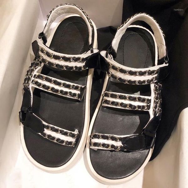 brand design flat sandals hook & loop women shoes casual solid leather female sandals with metal chain1, Black
brand design flat sandals hook & loop women shoes casual solid leather female sandals with metal chain1, Black