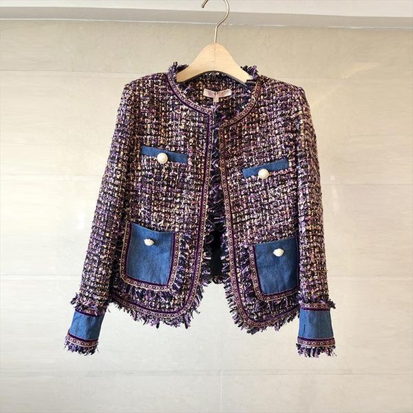 elegant denim spliced tweed jacket coat autumn winter women long sleeve fringed trim tassels pocket design woolen female outwear, Black;brown
elegant denim spliced tweed jacket coat autumn winter women long sleeve fringed trim tassels pocket design woolen female outwear, Black;brown