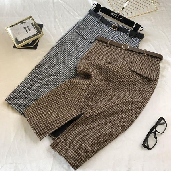 houndstooth woolen skirt with belt autumn winter women's length high waist a- line skirt 2020 split mujer faldas1, Black