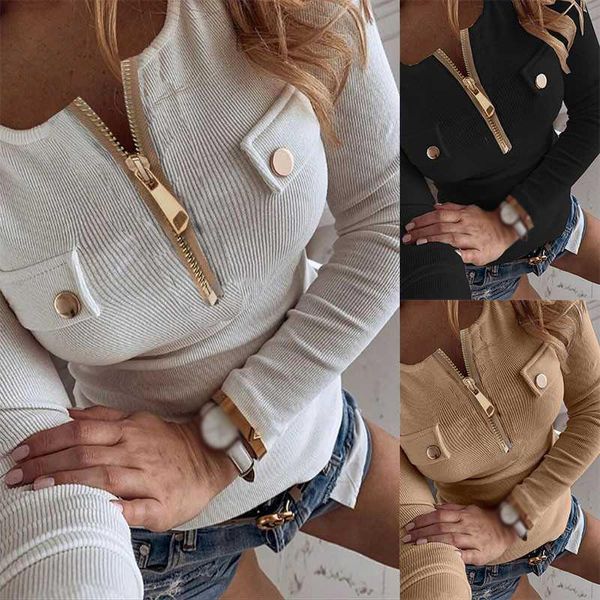 women's t-shirt women v neck zip up knitted long sleeve slim fit ladies blouse shirt, White
women's t-shirt women v neck zip up knitted long sleeve slim fit ladies blouse shirt, White