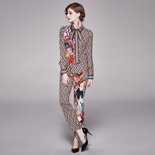 fashion runway autumn pants two pieces set women's long sleeve shirt + casual floral print pants sets suits lj201118, White
