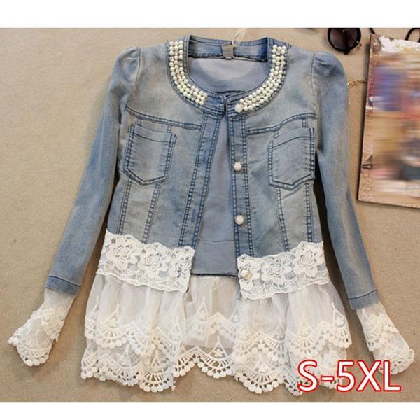 women's denim jacket lace patchwork pearl slim long-sleeve denim jacket lady vintage coat plus size 5xl women outerwear, Black;brown
women's denim jacket lace patchwork pearl slim long-sleeve denim jacket lady vintage coat plus size 5xl women outerwear, Black;brown