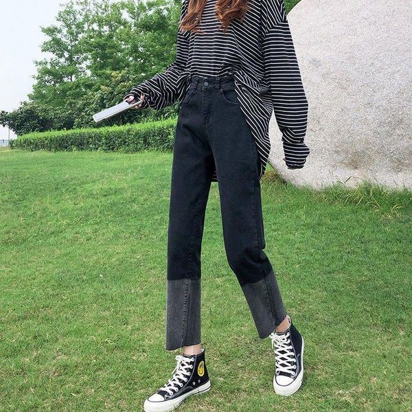 women's jeans baggy black high waist straight streetwear patchwork contrast color denim ankle-length pants large size fashion trousers, Blue
women's jeans baggy black high waist straight streetwear patchwork contrast color denim ankle-length pants large size fashion trousers, Blue