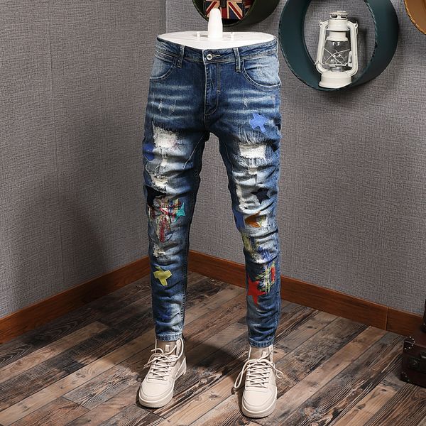 2021 new fashion streetwear slim fit patches designer ripped men destroyed denim pencil pants hip hop jeans wav3, Blue
2021 new fashion streetwear slim fit patches designer ripped men destroyed denim pencil pants hip hop jeans wav3, Blue