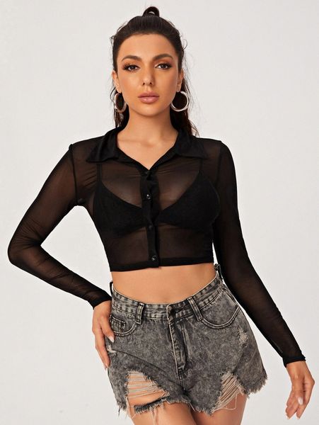 mesh sheer button up crop k3sx#, White