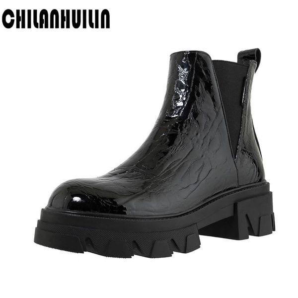 boots fashion print patent leather short ankle women round toe british block heel for woman dress shoes, Black
boots fashion print patent leather short ankle women round toe british block heel for woman dress shoes, Black