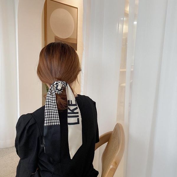 scarves aomu korea lattice letter silk scarf narrow long ribbon tie office headband for women bag accessories winter autumn, Blue;gray 
scarves aomu korea lattice letter silk scarf narrow long ribbon tie office headband for women bag accessories winter autumn, Blue;gray