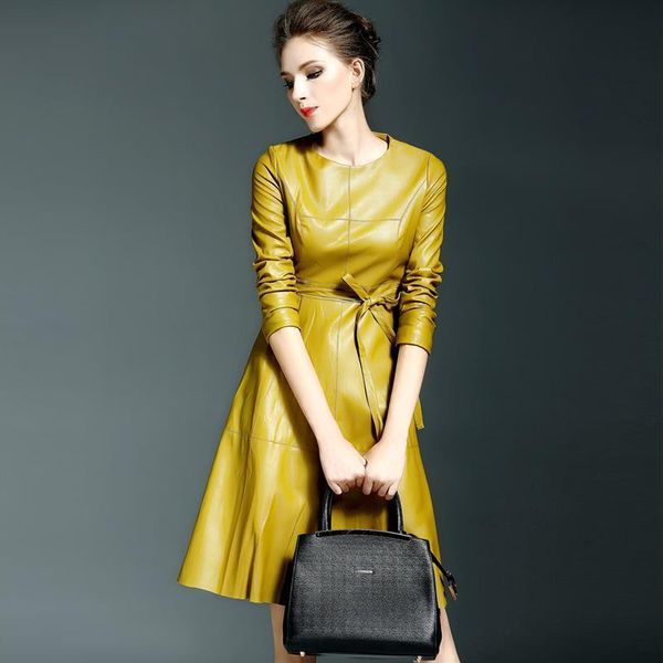 office lady leather dress with belt a-line yellow casual knee length dress long sleeve women spring autumn vestidos pu dress, Black;gray
office lady leather dress with belt a-line yellow casual knee length dress long sleeve women spring autumn vestidos pu dress, Black;gray