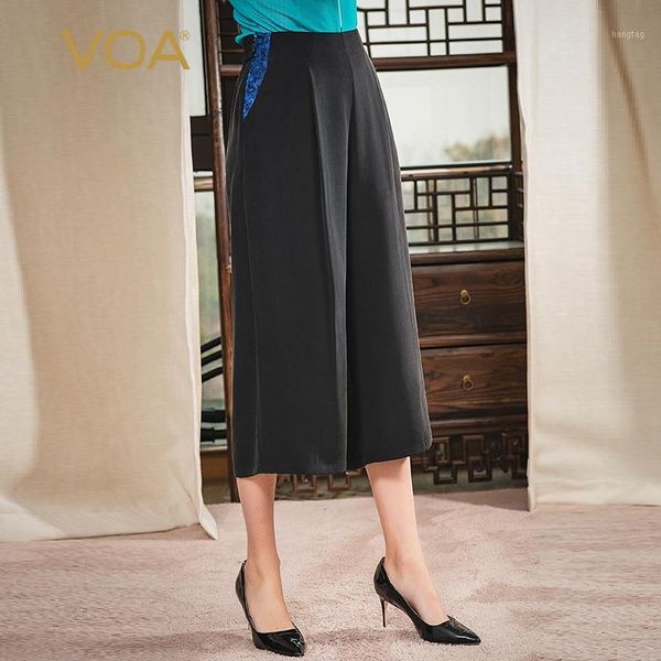 voa 30mm heavyweight silk tendon elastic waist invisible zipper jacquard joint xie cha dai capri loose pants k13231, Black;white