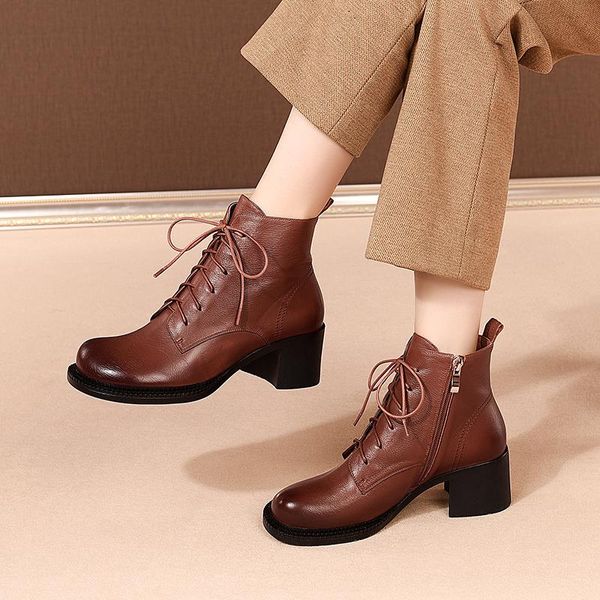 

100% cow leather women's boots rouned toe thick high heels ladies ankle boots lace up working night club shoes woman, Black