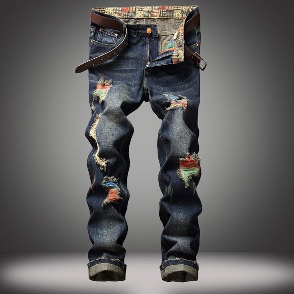 european and american street personality brushed jeans men's ripped straight jeans, Blue
european and american street personality brushed jeans men's ripped straight jeans, Blue