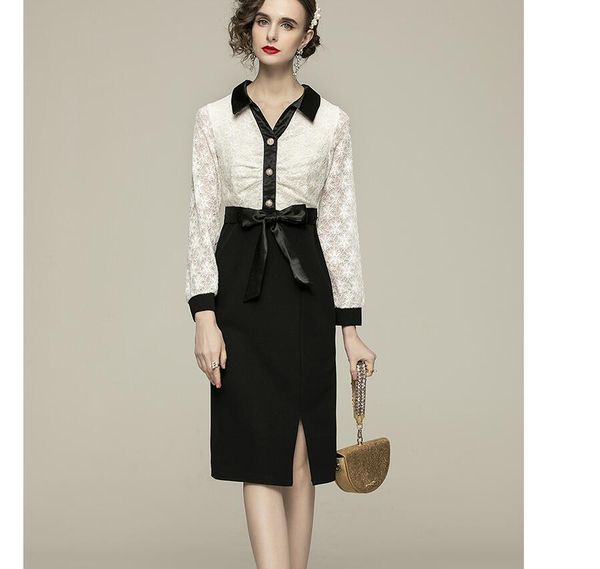 good quality celebrity small incense wind lapel thick lace stitching temperament split dress, Black;gray
good quality celebrity small incense wind lapel thick lace stitching temperament split dress, Black;gray