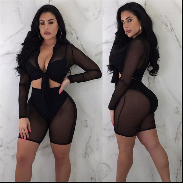 women 2 pcs matching set long sleeve see through mesh fishnet crop front knot bandage and shorts set, Gray
women 2 pcs matching set long sleeve see through mesh fishnet crop front knot bandage and shorts set, Gray