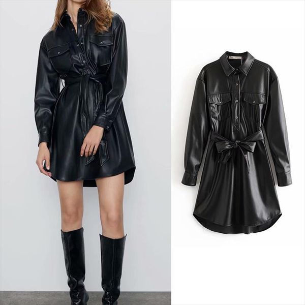 za 2019 pu leather dress pockets fashion long sleeve black dress turn down collar high waist with belt vestido mujer, Black;gray
za 2019 pu leather dress pockets fashion long sleeve black dress turn down collar high waist with belt vestido mujer, Black;gray