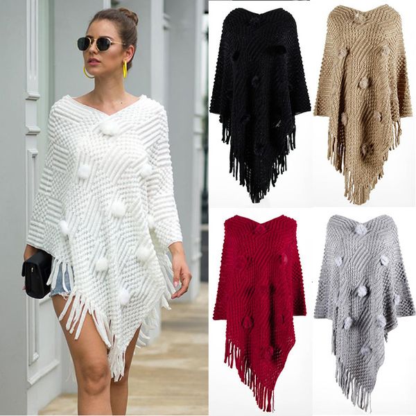 women's pull 2020 autumn and winter new clothing style tassel cape shawl wool ball solid color sweater, White;black
women's pull 2020 autumn and winter new clothing style tassel cape shawl wool ball solid color sweater, White;black
