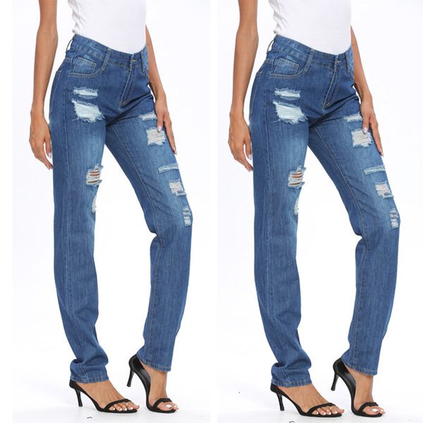 2020 spring and summer new wear high waist hole no bullet straight leg women's slim pants 8120, Blue 
2020 spring and summer new wear high waist hole no bullet straight leg women's slim pants 8120, Blue