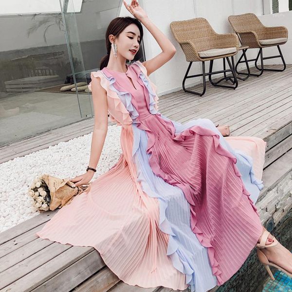 summer runway designer sweet pleated long dress women's sleeveless luxury rainbow color patchwork ruffles chiffon maxi dress1, Black;gray
summer runway designer sweet pleated long dress women's sleeveless luxury rainbow color patchwork ruffles chiffon maxi dress1, Black;gray