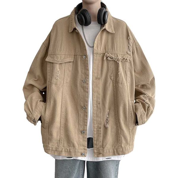 men's jackets 21 spring denim korean fashion hole versatile tooling high class street blasting jacket, Black;brown 
men's jackets 21 spring denim korean fashion hole versatile tooling high class street blasting jacket, Black;brown